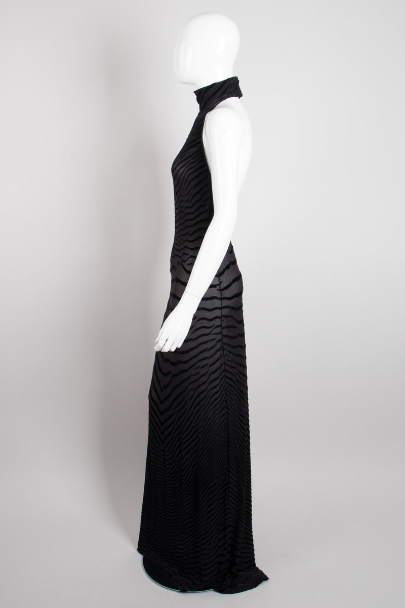 Fred Hayman Sheer Burnout Velvet Jersey Tiger Backless Halter Gown