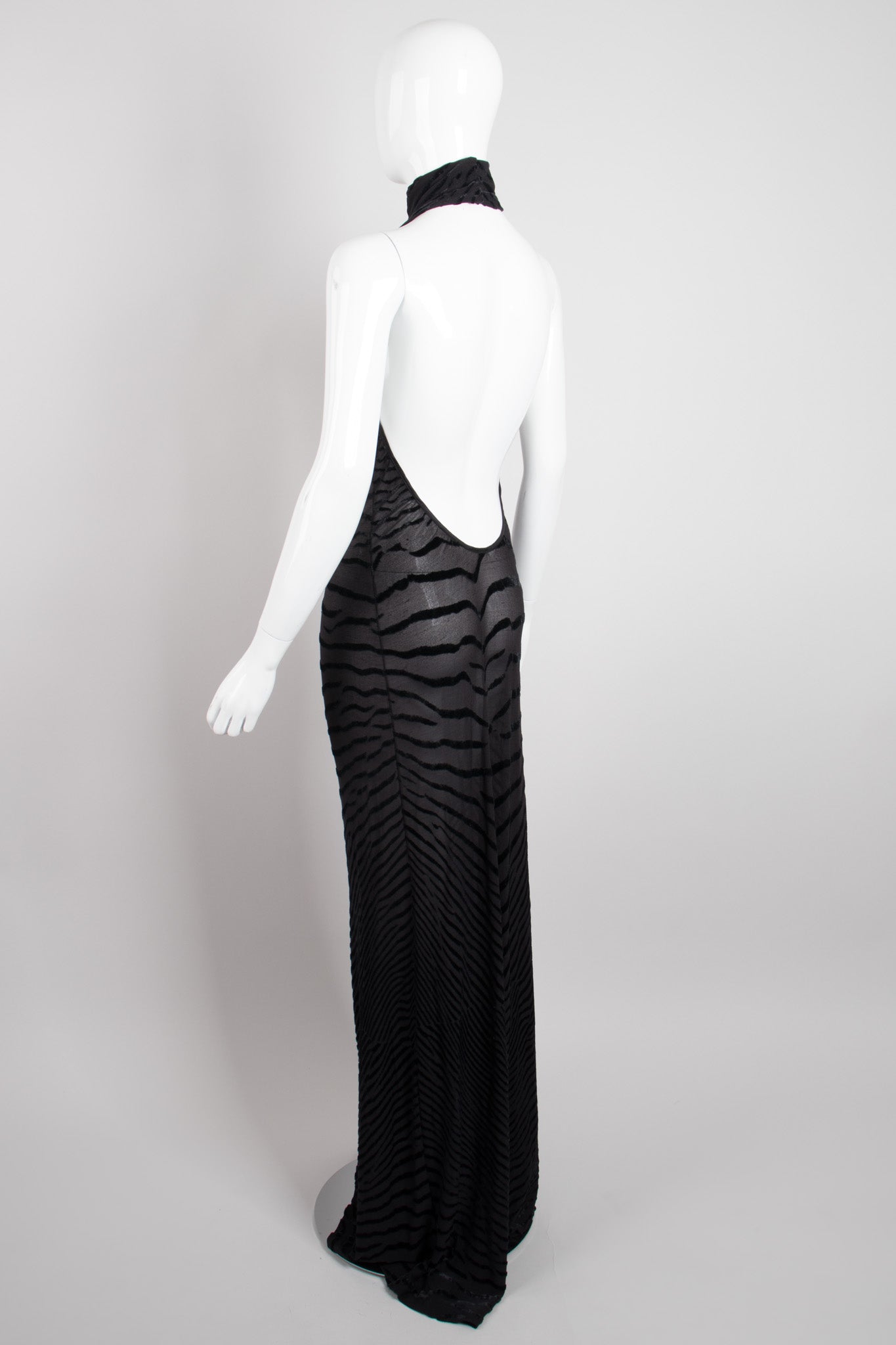 Fred Hayman Sheer Burnout Velvet Jersey Tiger Backless Halter Gown