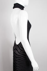 Fred Hayman Sheer Burnout Velvet Jersey Tiger Backless Halter Gown