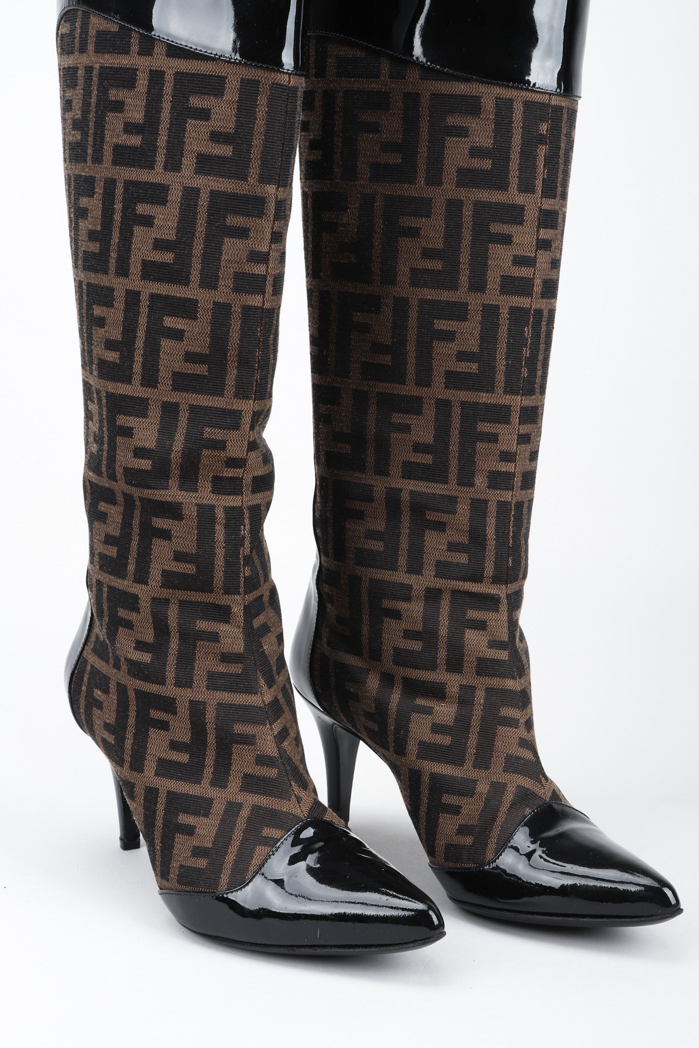 Recess Los Angeles Vintage Fendi Zucca Double F Monogram Patent Leather Trim Boots Pointed Toe