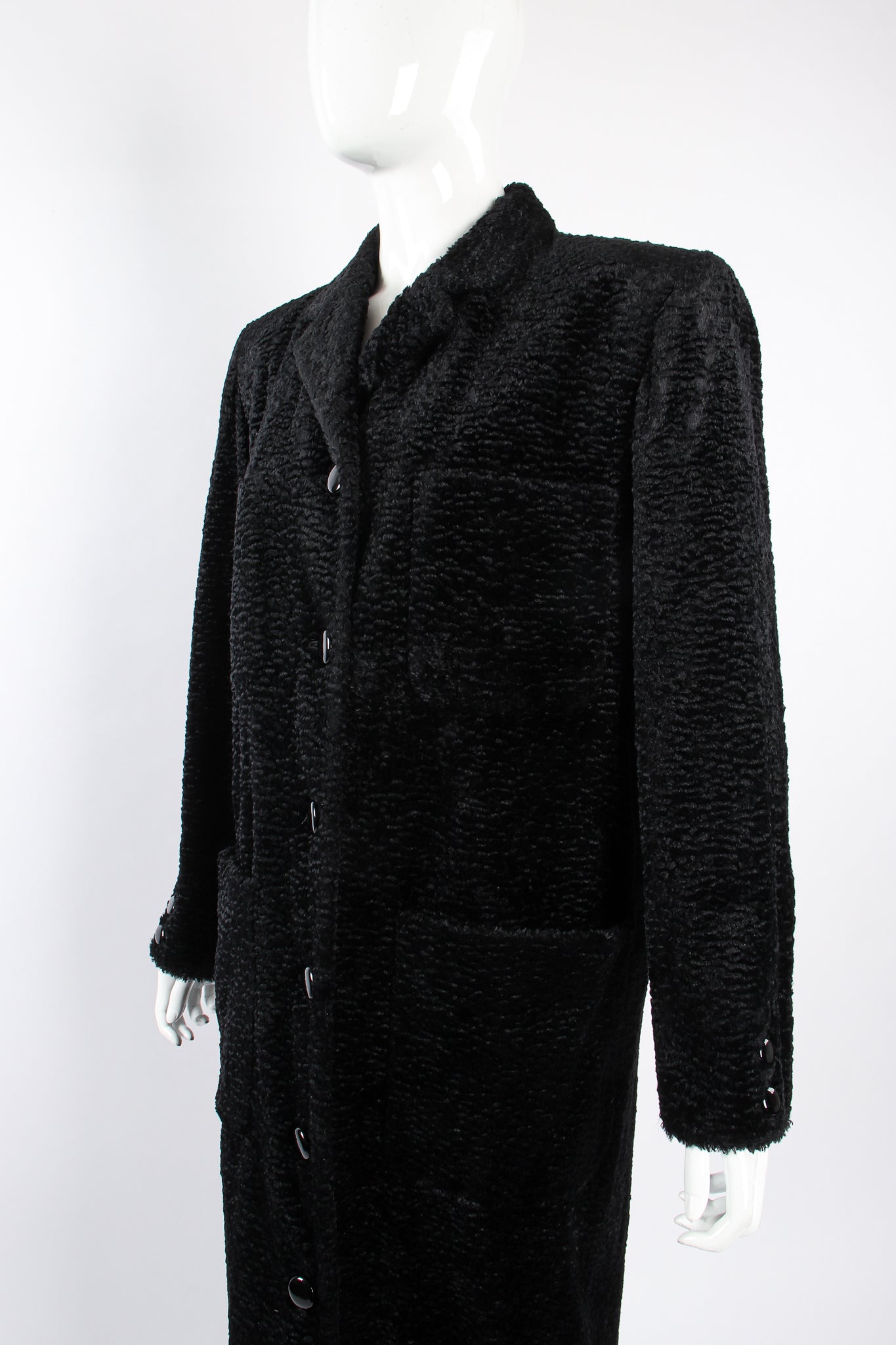 Vintage Fendi Faux Astrakhan  Curly Lamb Coat on Mannequin angle at Recess Los Angeles