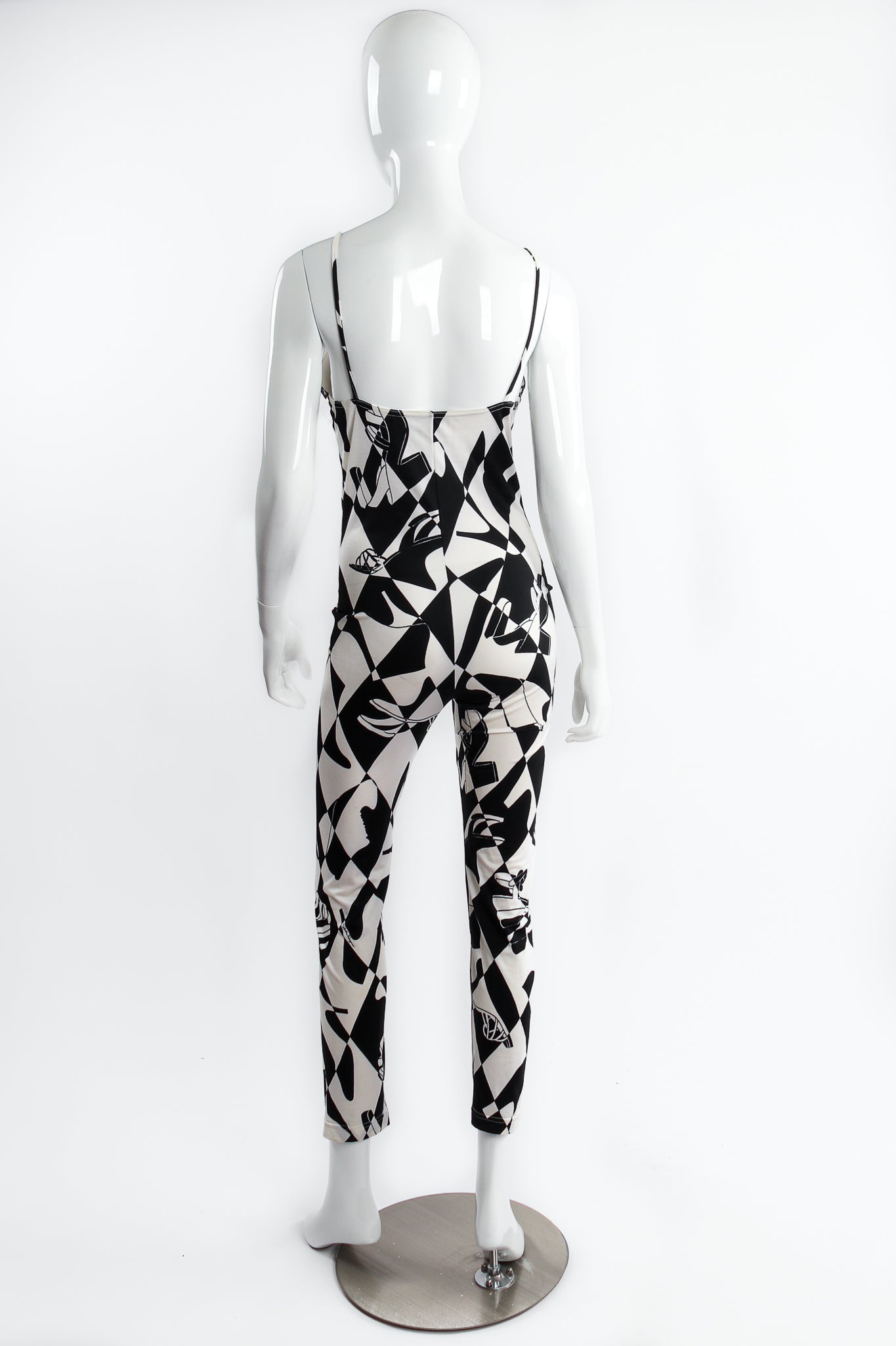 Vintage Salvatore Ferragamo Harlequin Shoe Print Jumpsuit on Mannequin back at Recess Los Angeles