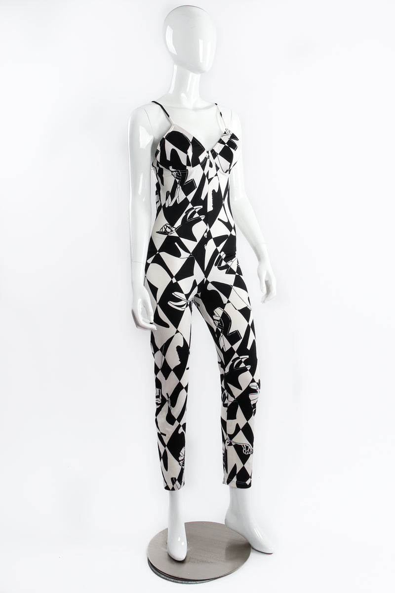 Vintage Salvatore Ferragamo Harlequin Shoe Print Jumpsuit on Mannequin angle at Recess Los Angeles