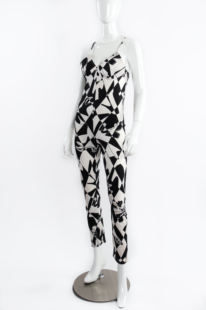 Vintage Salvatore Ferragamo Harlequin Shoe Print Jumpsuit on Mannequin front angle at Recess Los Angeles