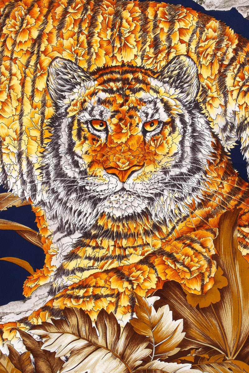 Vintage Salvatore Ferragamo Tropical Tiger Blossom Silk Scarf detail at Recess Los Angeles