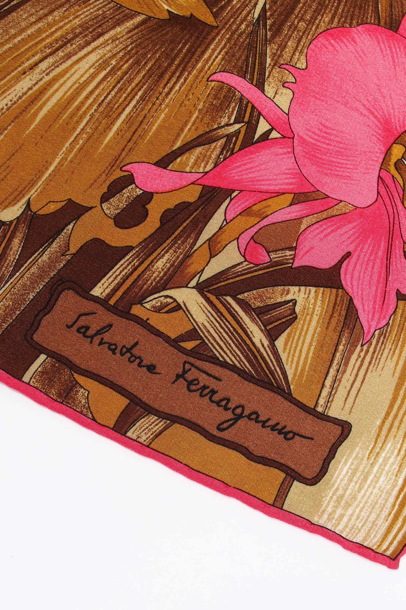 Vintage Salvatore Ferragamo Tropical Tiger Blossom Silk Scarf signature at Recess Los Angeles