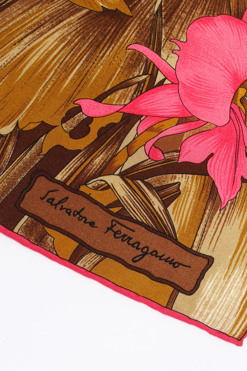 Vintage Salvatore Ferragamo Tropical Tiger Blossom Silk Scarf signature at Recess Los Angeles