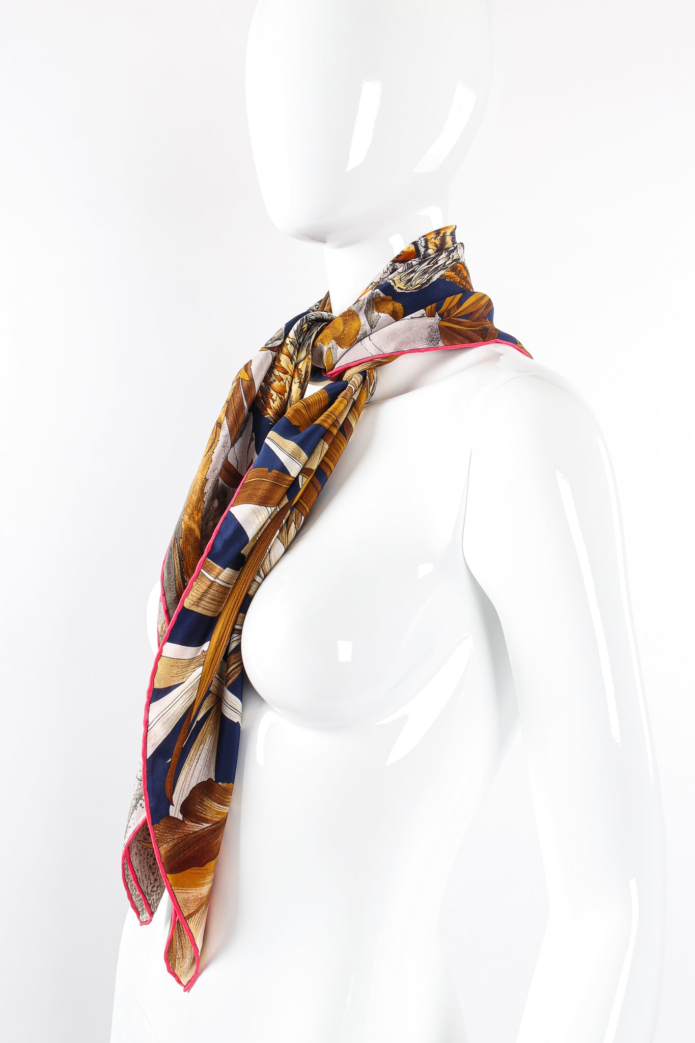 Vintage Salvatore Ferragamo Tropical Tiger Blossom Silk Scarf on mannequin at Recess Los Angeles