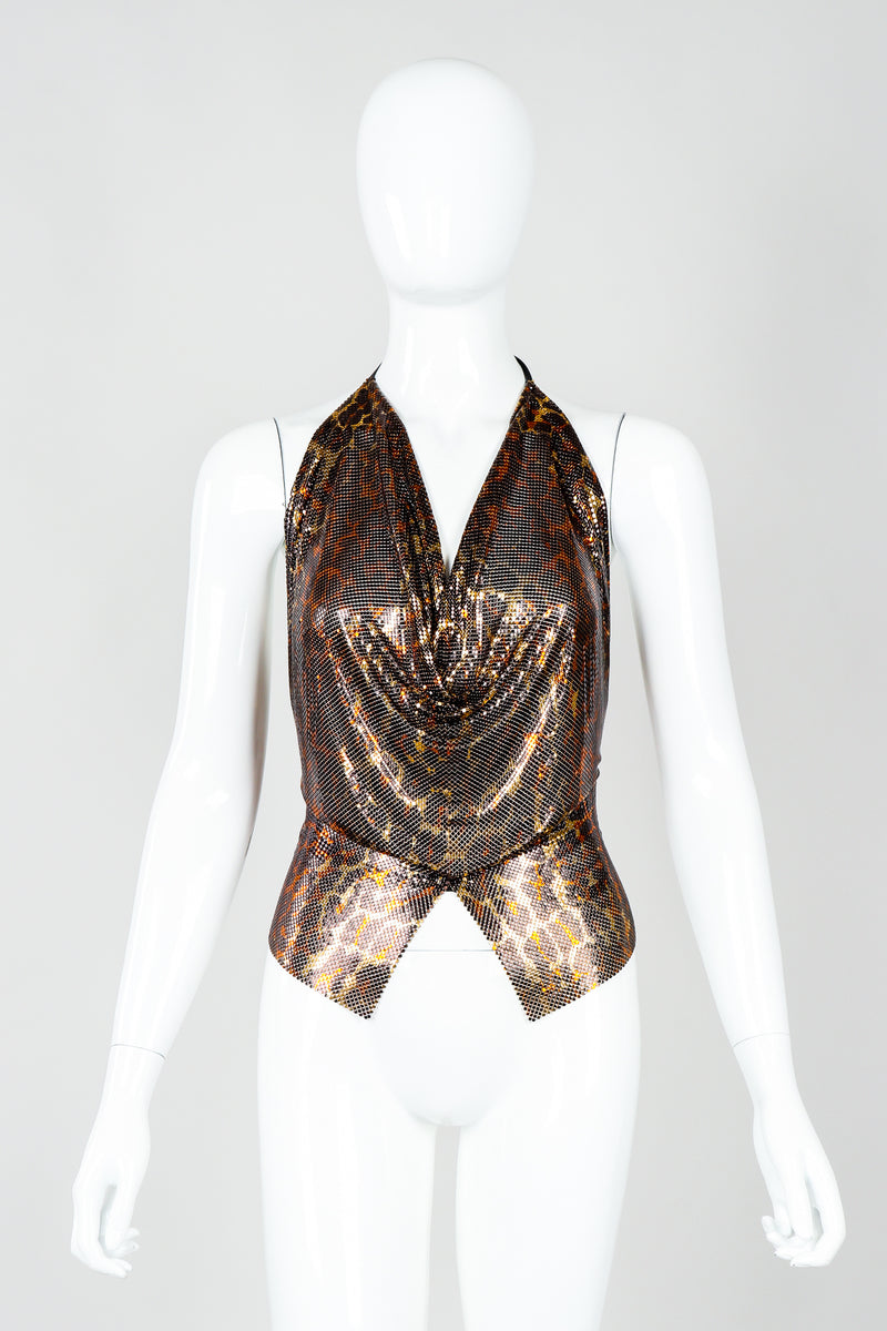 Vintage Anthon Ferrara Bronze Leopard Liquid Metal Mesh Halter Tie Top on Mannequin front at Recess