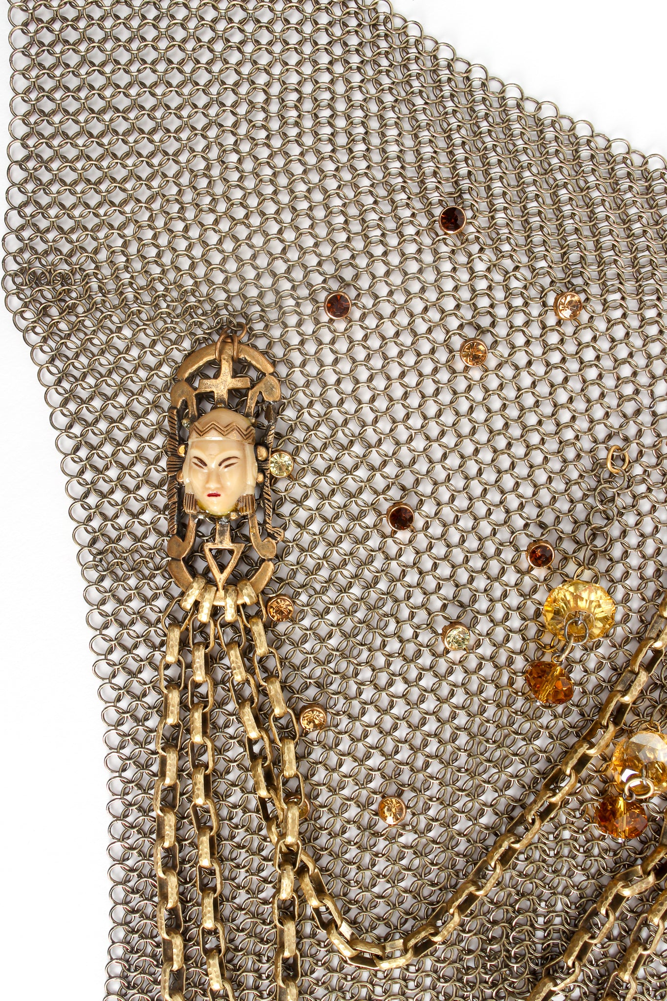 Vintage Anthony Ferrara Antique Brass Ring Mesh Charm Bib Necklace detail at Recess Los Angeles