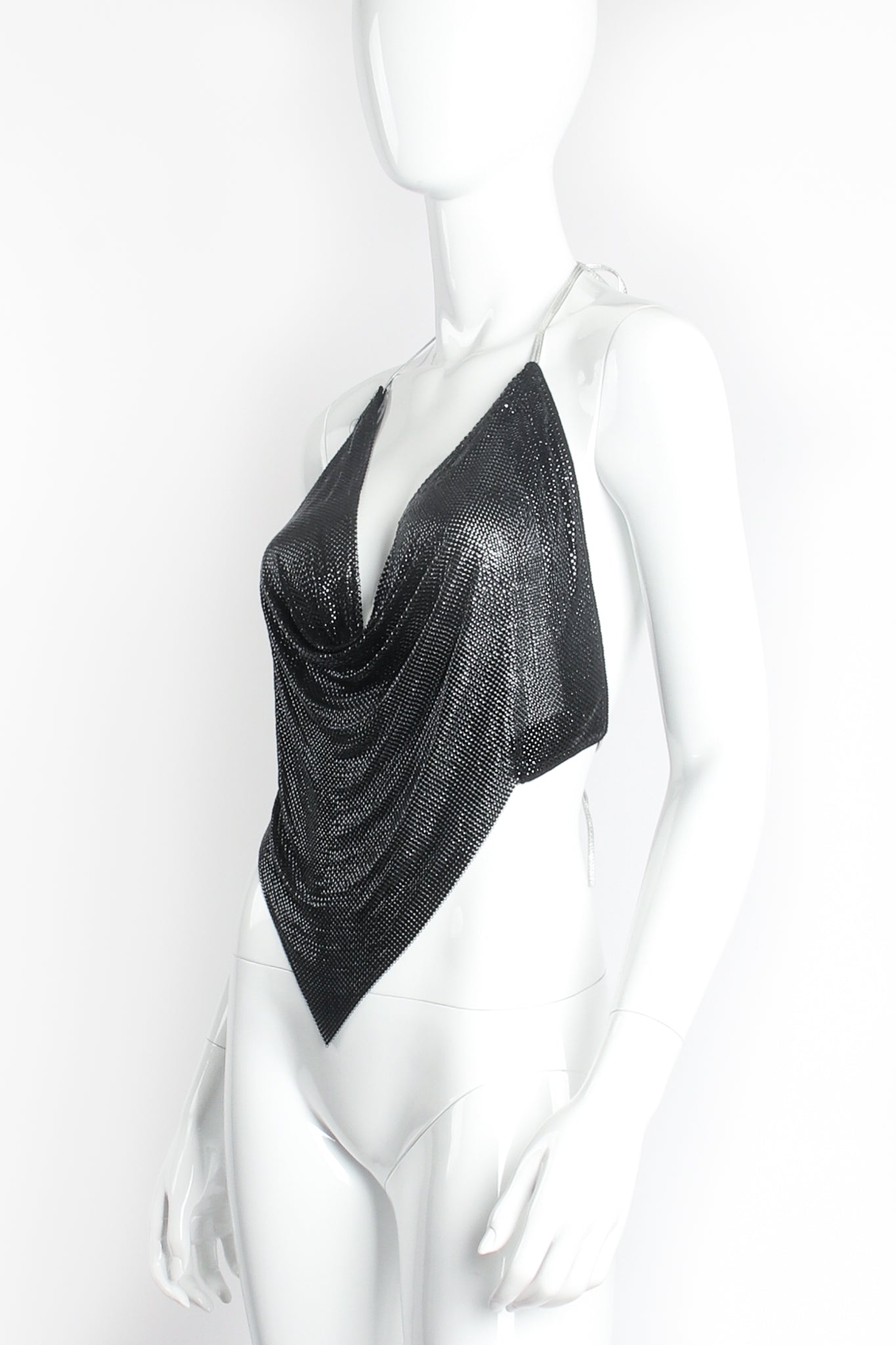 Vintage Anthony Ferrara Glossy Metal Mesh Halter Top on Mannequin Angle at Recess Los Angeles