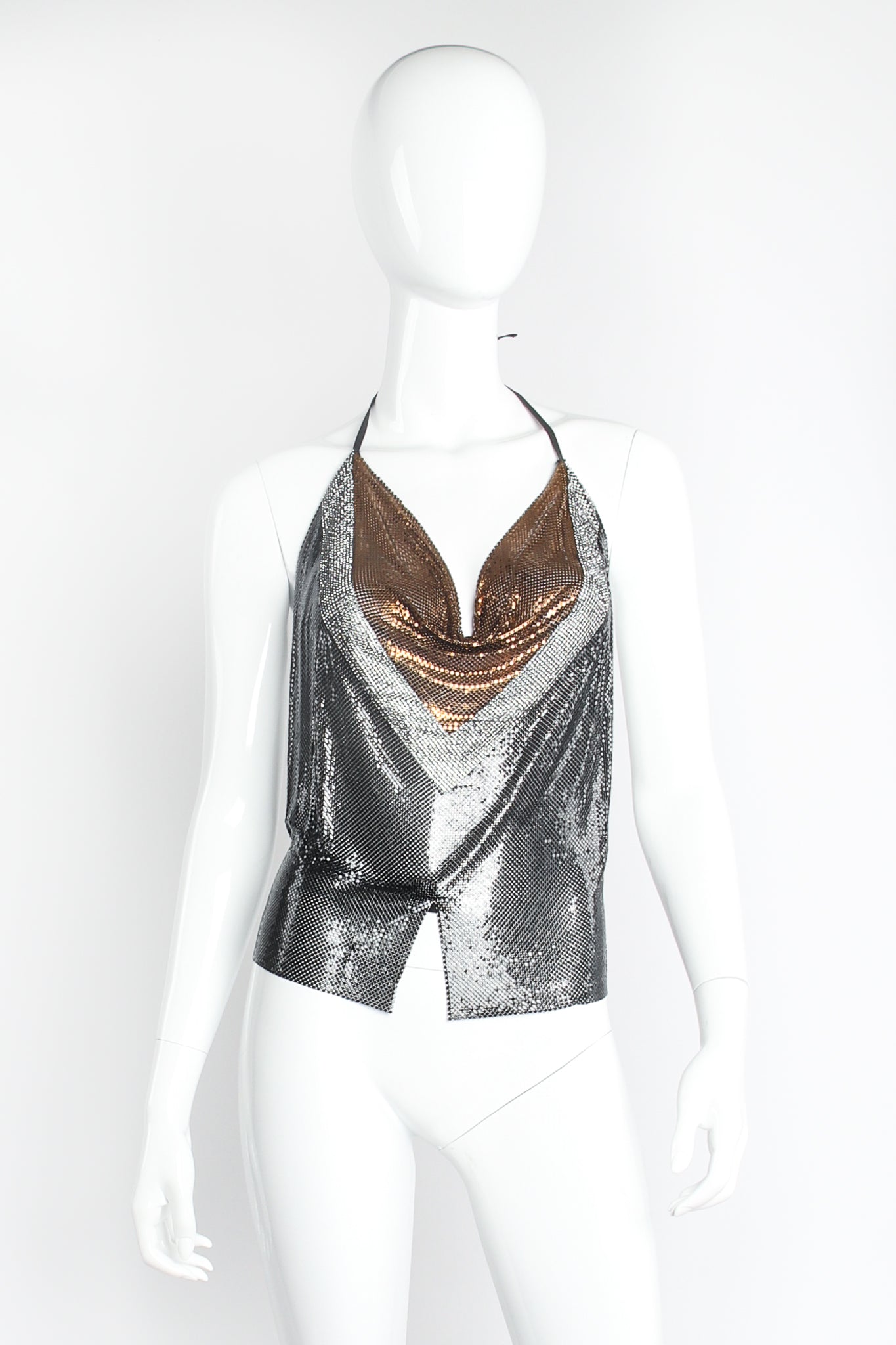 Vintage Anthony Ferrara Swarovski Chevron Glossy Metal Mesh Halter Top on Mannequin Front at Recess