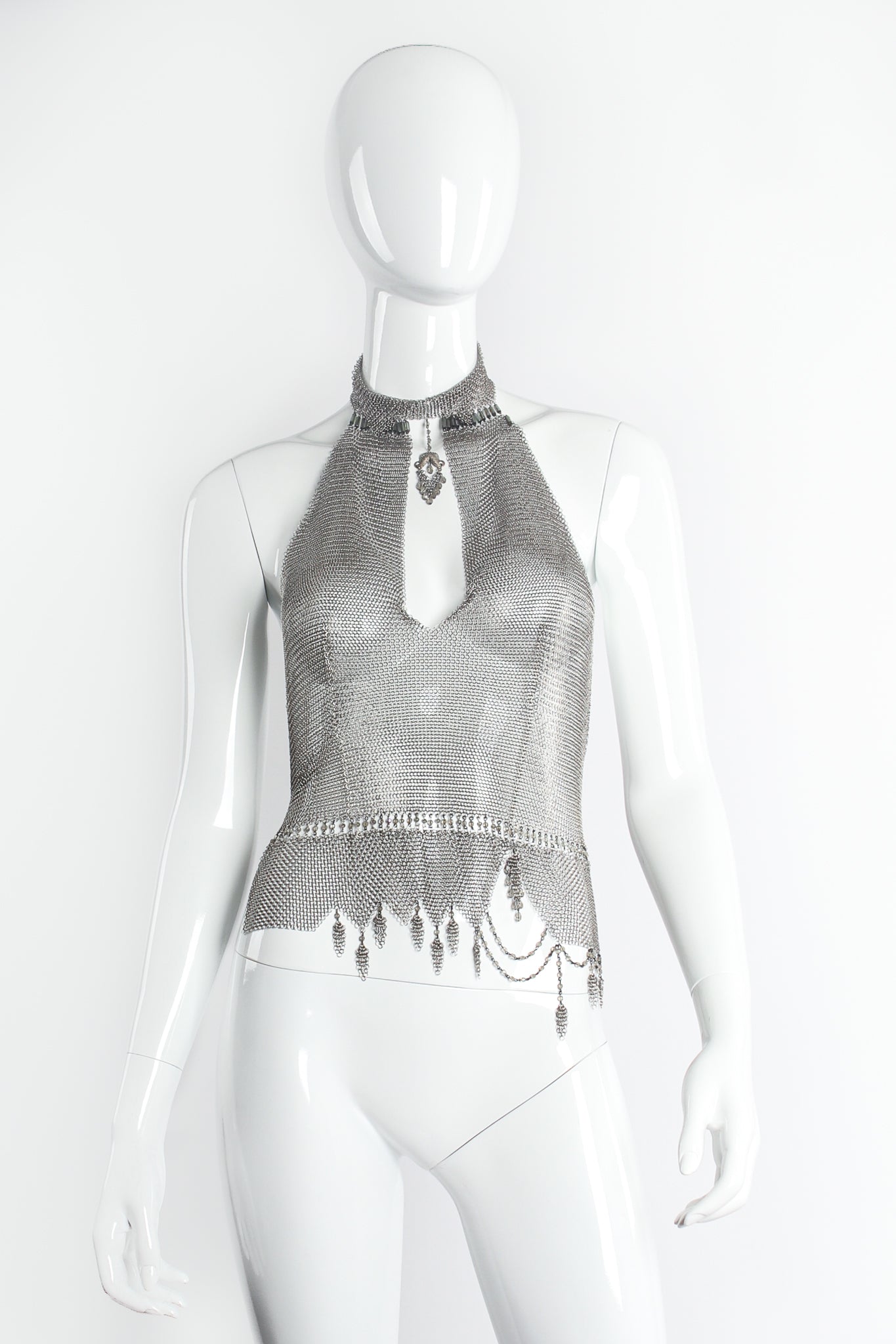 Vintage Anthony Ferrara Pewter Mesh High Neck Keyhole Halter on mannequin front at Recess LA