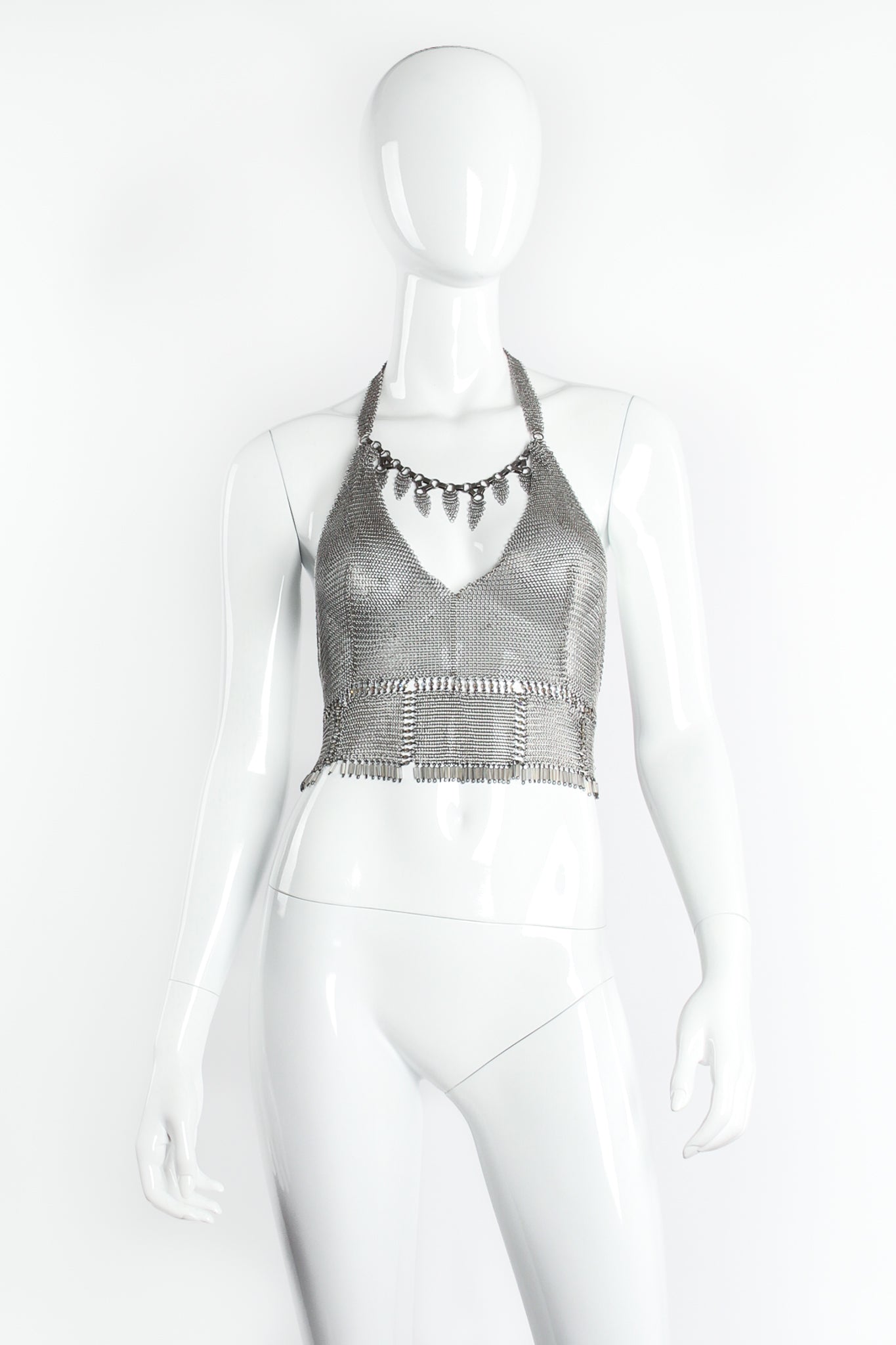 Vintage Anthony Ferrara Pewter Mesh Cropped Halter Bralette Top on mannequin front at Recess LA