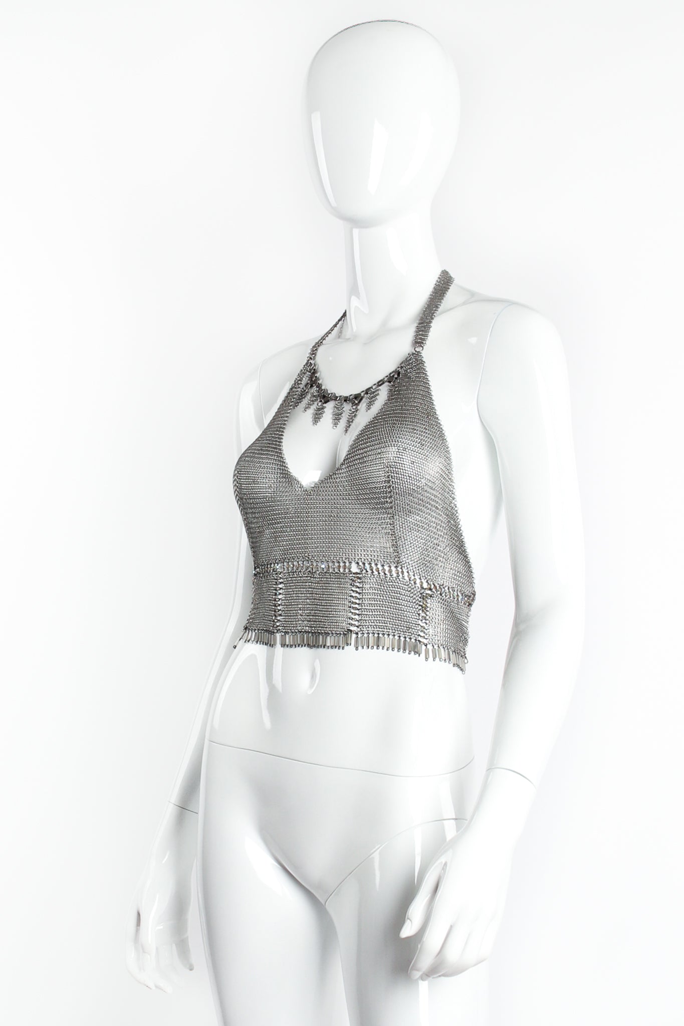 Vintage Anthony Ferrara Pewter Mesh Cropped Halter Bralette Top on mannequin angle at Recess LA