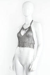 Vintage Anthony Ferrara Pewter Mesh Cropped Halter Bralette Top on mannequin angle at Recess LA