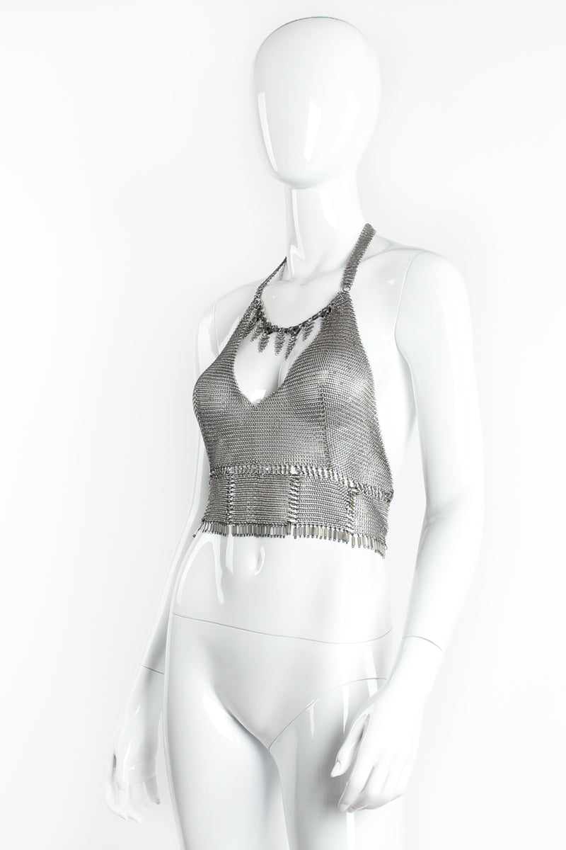 Vintage Anthony Ferrara Pewter Mesh Cropped Halter Bralette Top on mannequin angle at Recess LA