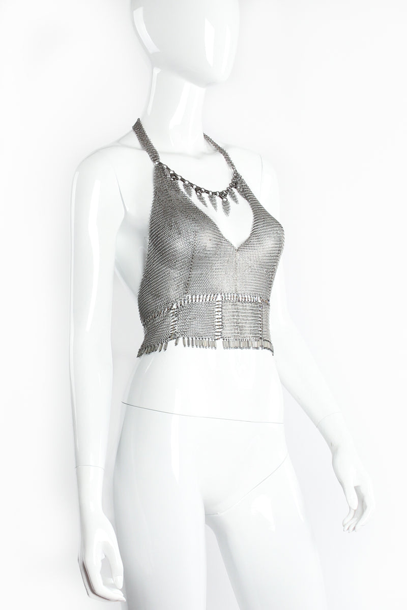 Vintage Anthony Ferrara Pewter Mesh Cropped Halter Bralette Top on mannequin angle at Recess LA