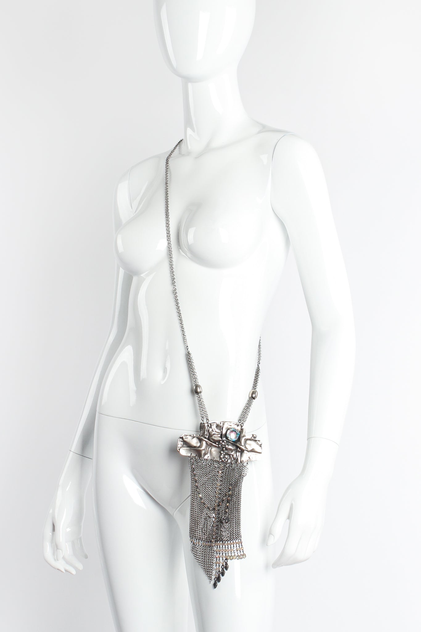 Vintage Anthony Ferrara Brutalist Pewter Ring Mesh Micro Phone Bag on mannequin at Recess LA