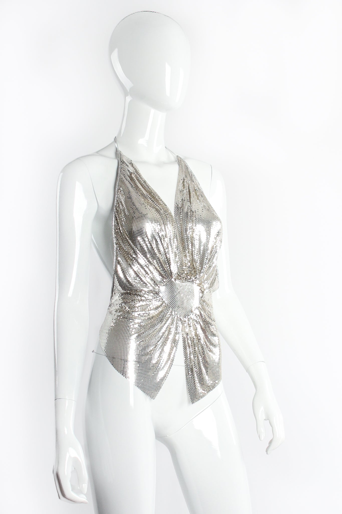 Vintage Anthony Ferrara Gathered Silver Plated Metal Mesh Halter on Mannequin angle @ Recess LA