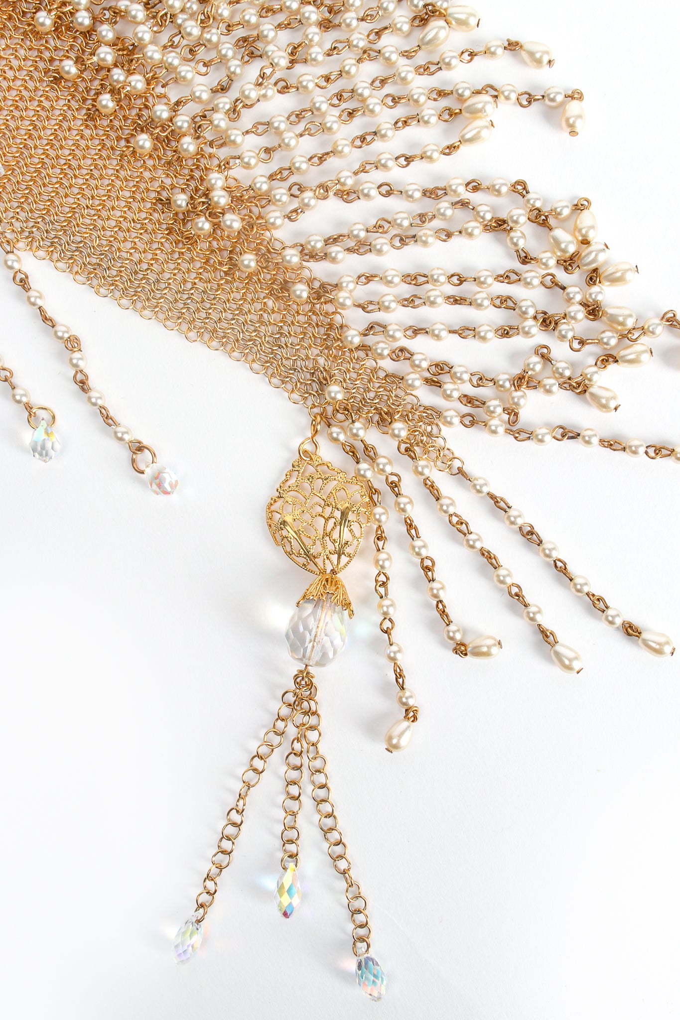 Vintage Anthony Ferrara Plated Ring Mesh Swarovski Pearl Fringe Bib Necklace Detail at Recess LA