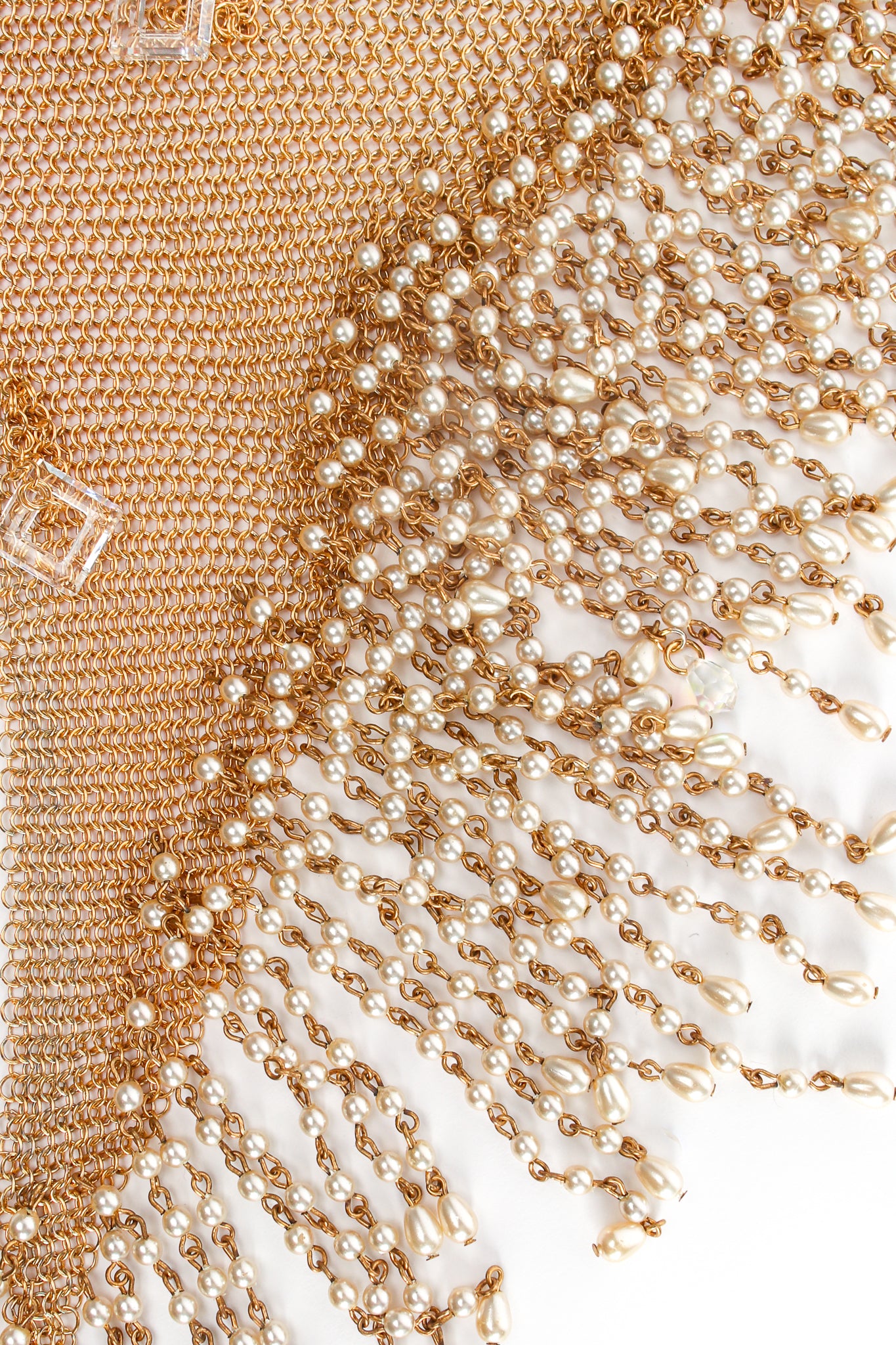 Vintage Anthony Ferrara Plated Ring Mesh Swarovski Pearl Fringe Bib Necklace Detail at Recess LA