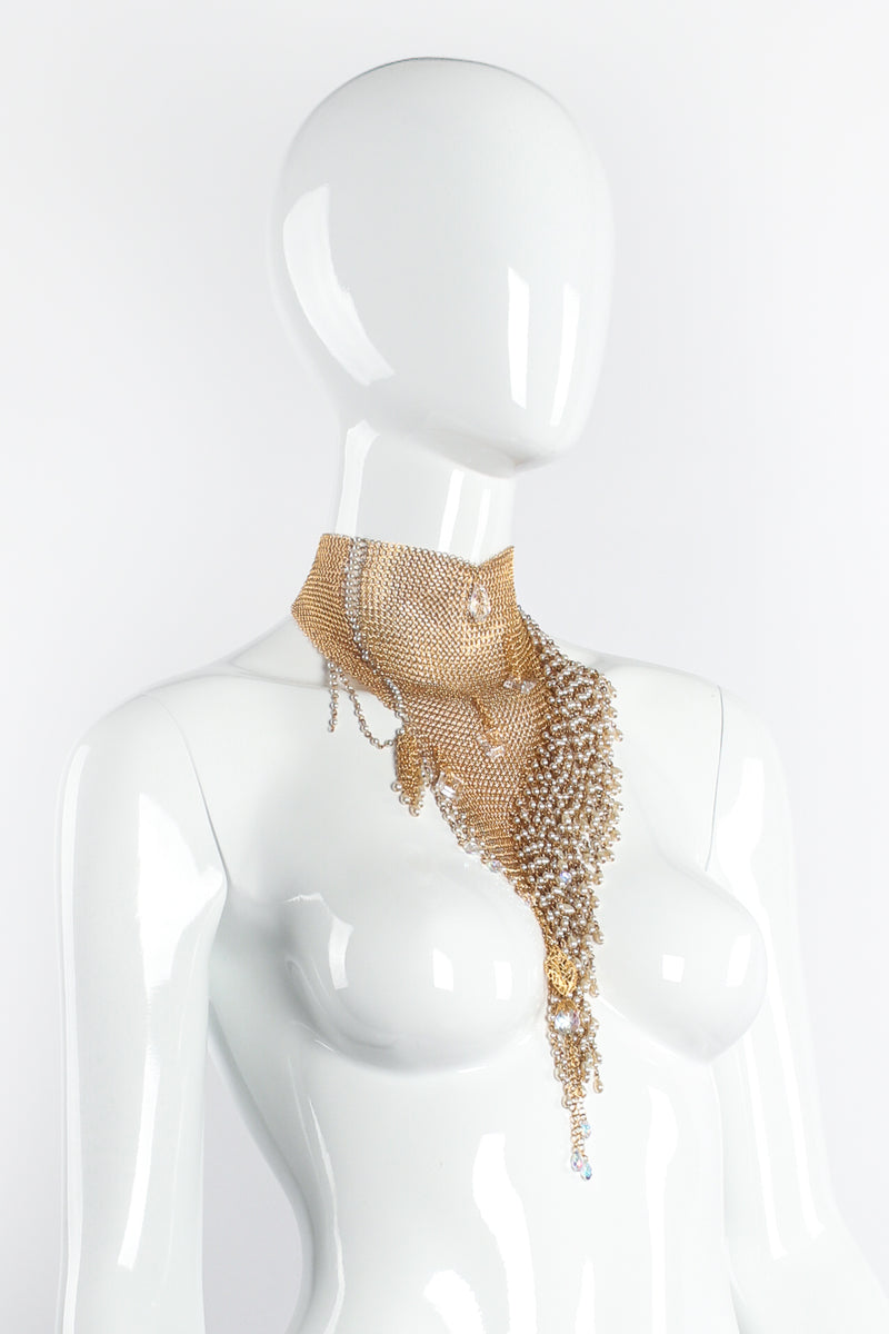 Vintage Anthony Ferrara Plated Ring Mesh Swarovski Pearl Fringe Necklace on Mannequin at Recess LA