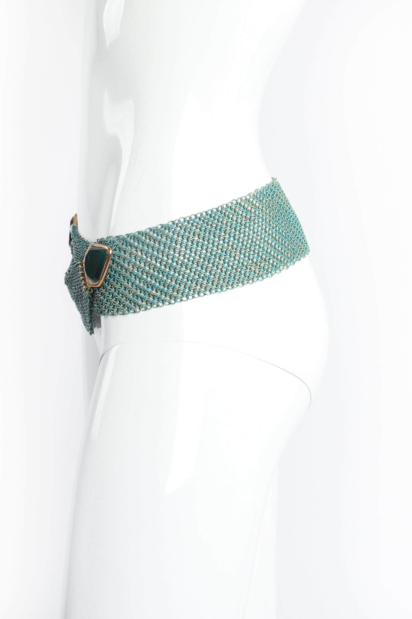 Vintage Anthony Ferrara Aluminum Metal Mesh Crossover Glass Buckle Belt on Mannequin at Recess LA