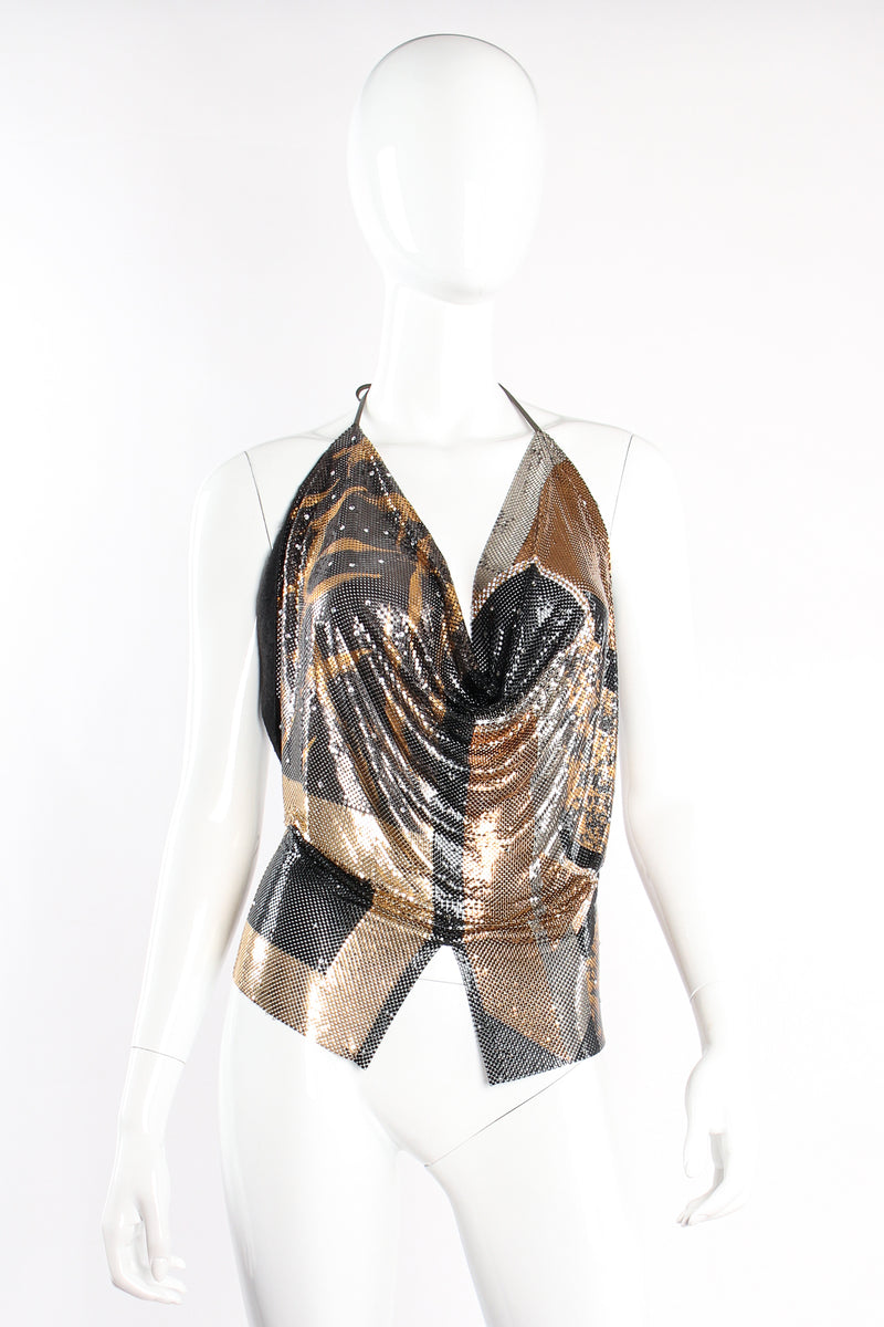 Vintage Anthony Ferrara Metallic Collage Square Metal Mesh Halter on mannequin front at Recess LA