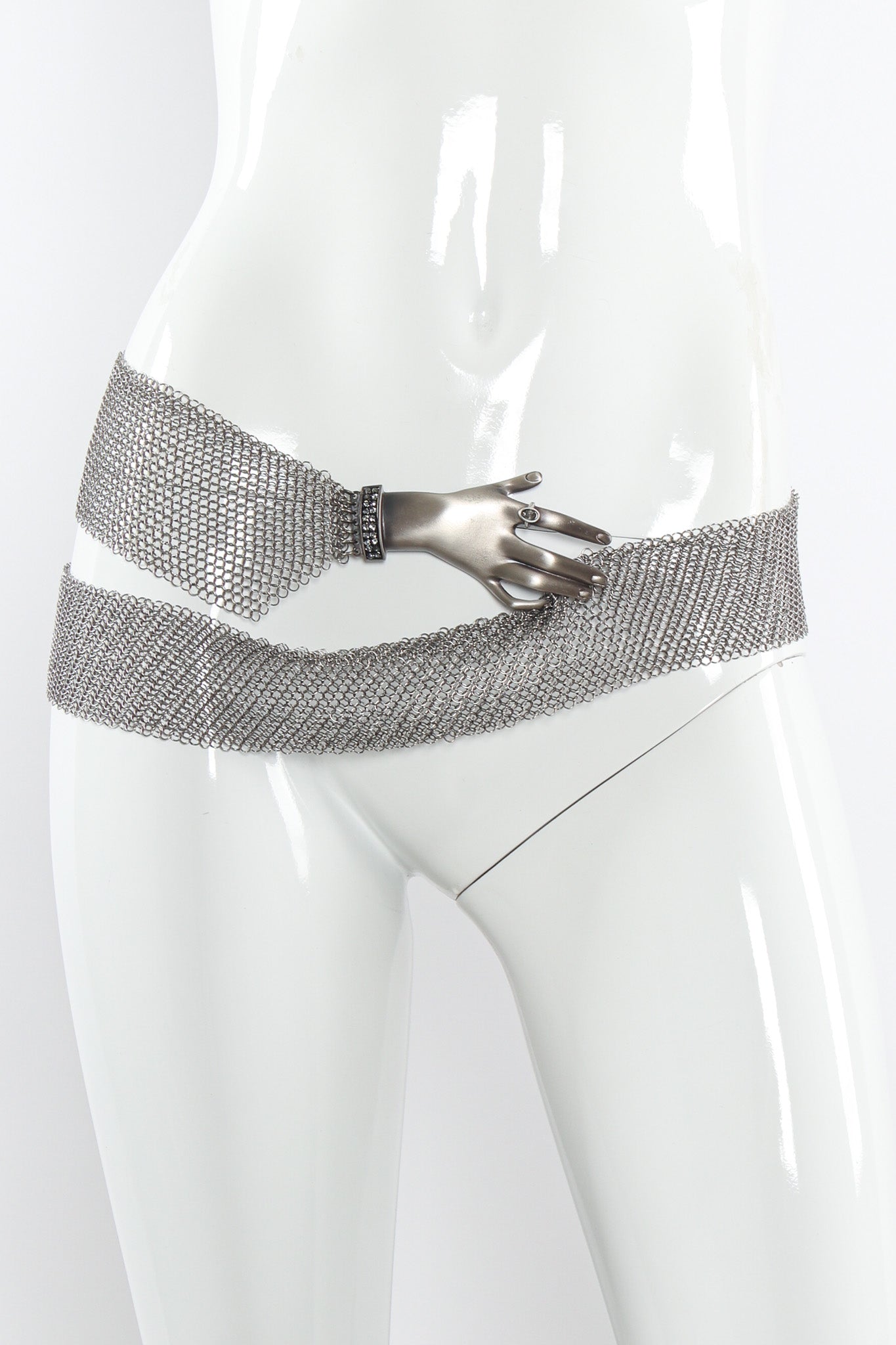 Vintage Ferrara Hand Buckle Ring Mesh Belt IV mannequin front hip wide wrap @ Recess Los Angeles