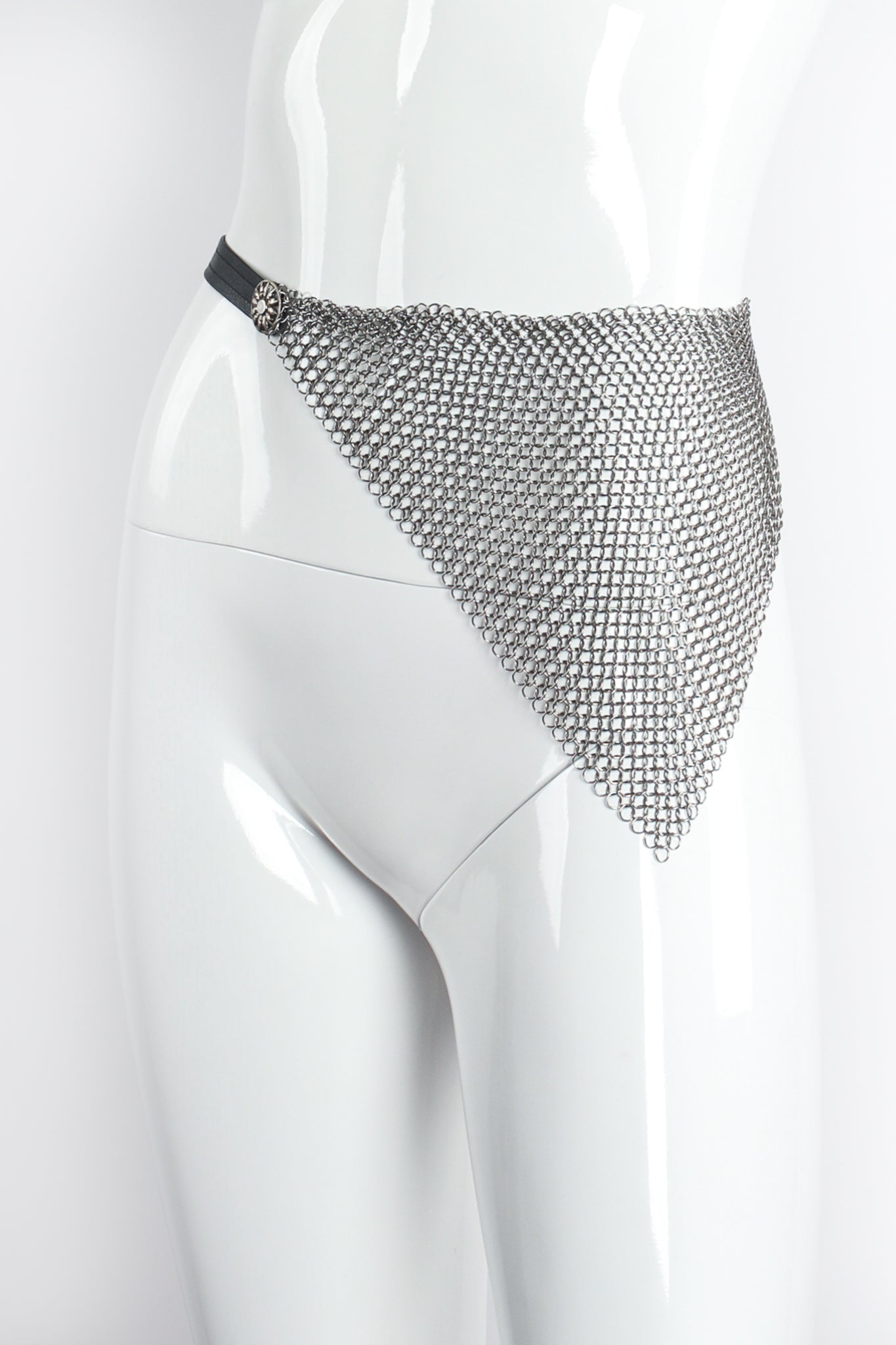 Vintage Anthony Ferrara Pewter Ring Mesh Leather Hip Flap Belt on mannequin front at Recess LA