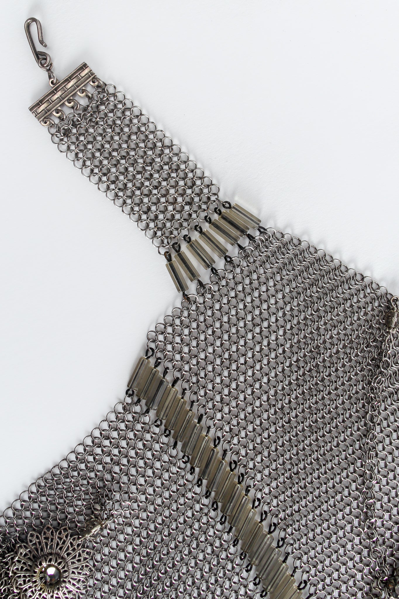 Vintage Anthony Ferrara Pewter Ring Mesh Waterfall Charm Bead Bib Necklace Hook Detail at Recess LA