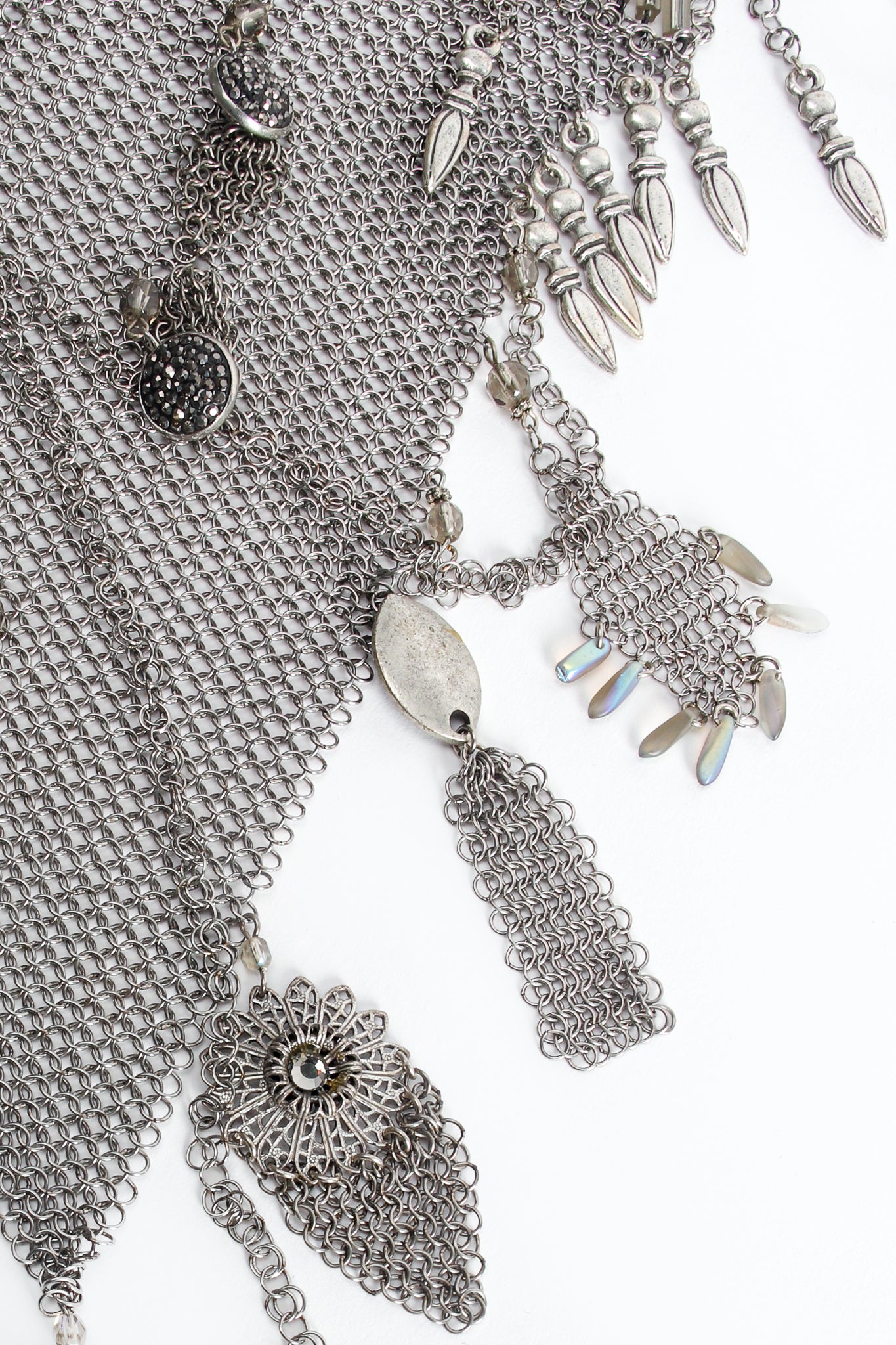 Vintage Anthony Ferrara Pewter Ring Mesh Waterfall Charm Bead Bib Necklace Detail at Recess LA