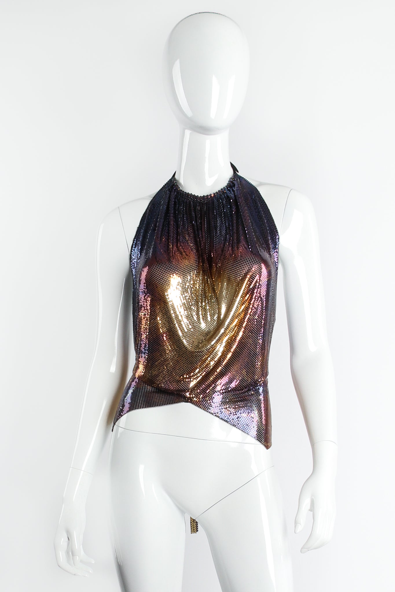 Vintage Anthony Ferrara One of a Kind Tie Dye Gathered Metal Mesh Halter Top on Mannequin at Recess