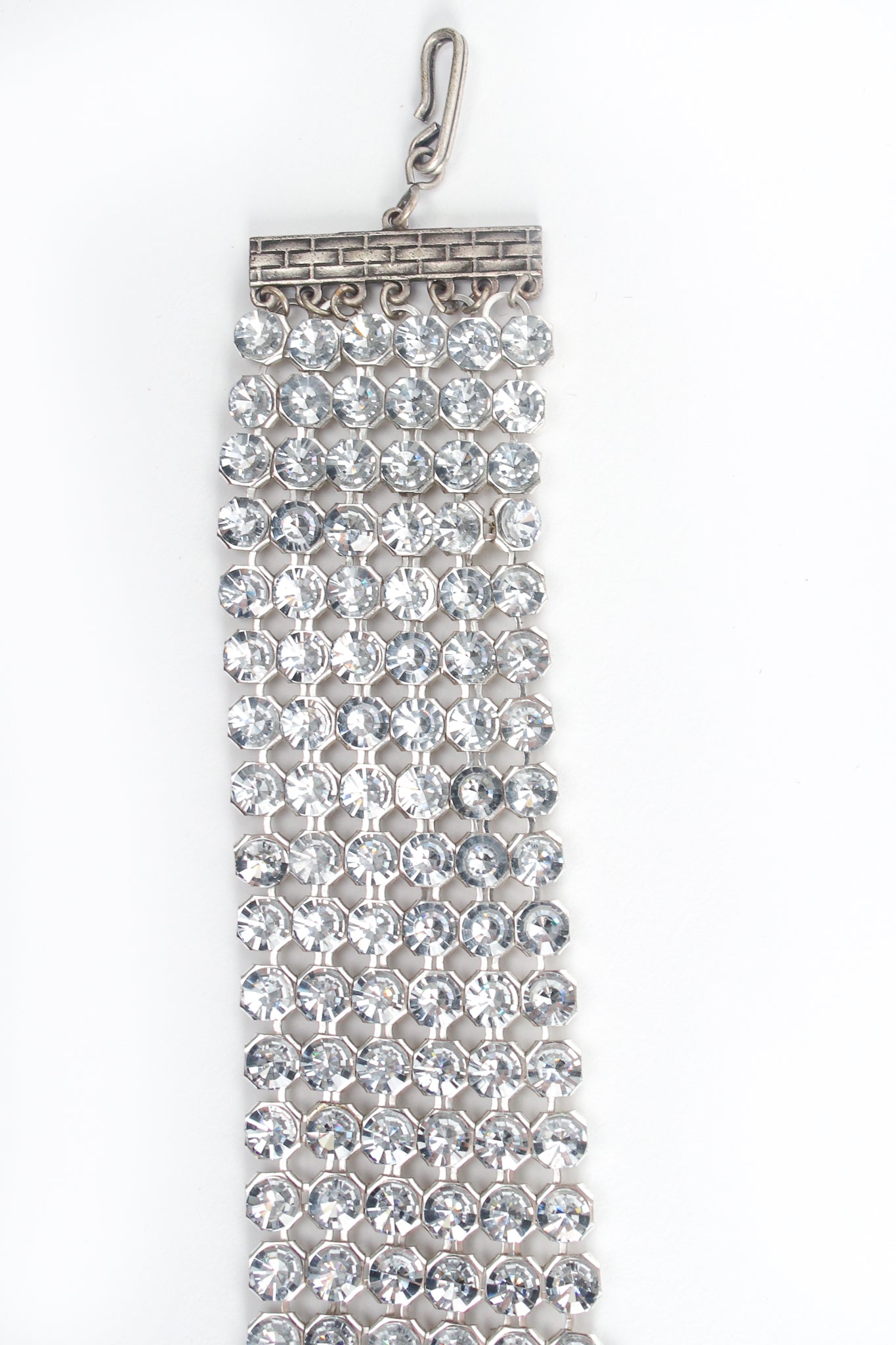 Vintage Anthony Ferrara Pewter Ring Mesh Swarovski Triangle Bib Necklace Hook Detail at Recess