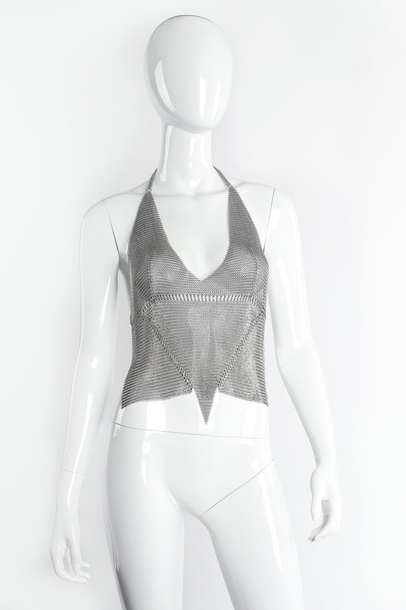 Vintage Anthony Ferrara Pewter Mesh Bead Seam Triangle Halter on mannequin front at Recess LA