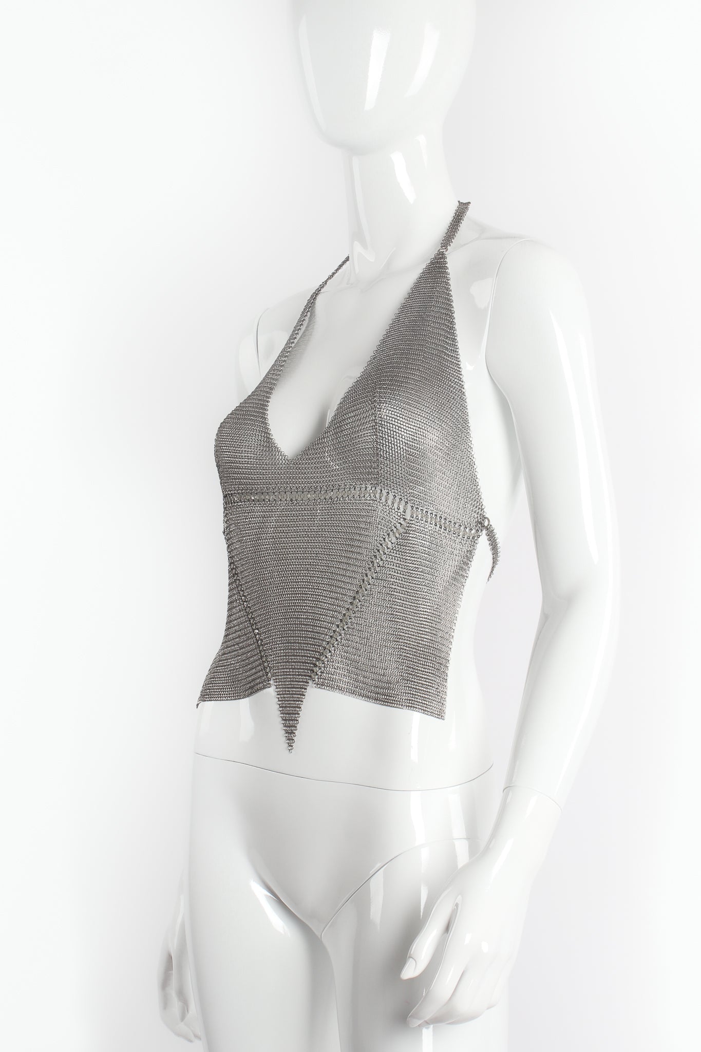 Vintage Anthony Ferrara Pewter Mesh Bead Seam Triangle Halter on mannequin angle at Recess LA