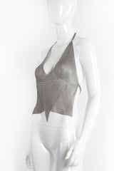 Vintage Anthony Ferrara Pewter Mesh Bead Seam Triangle Halter on mannequin angle at Recess LA