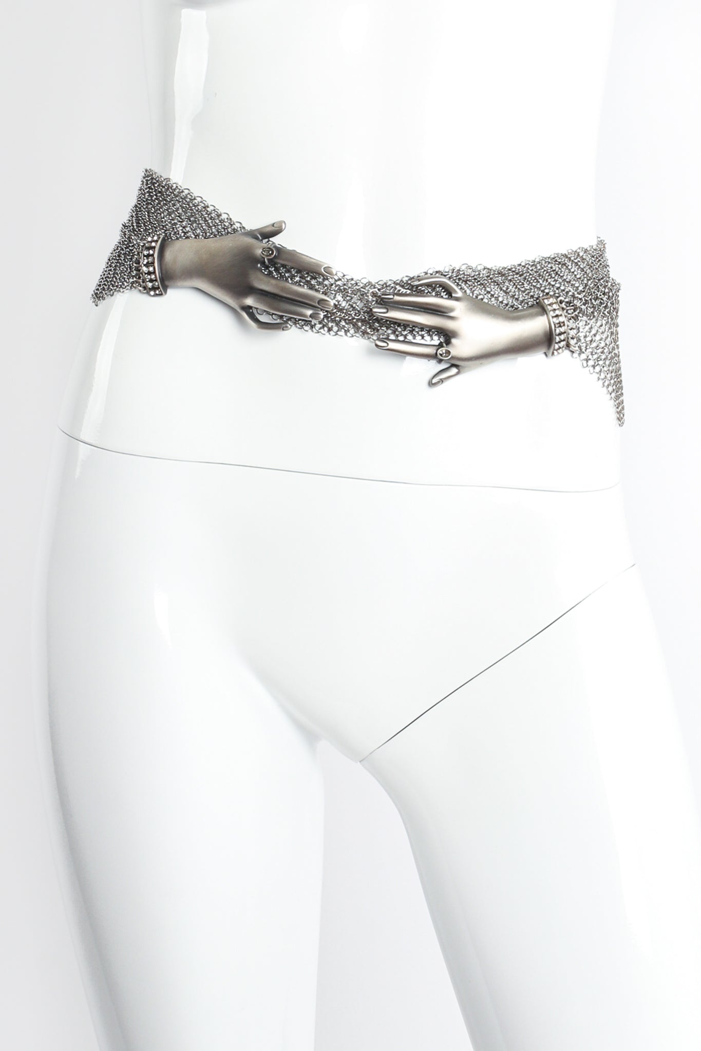 Vintage Anthony Ferrara Ring Metal Mesh Crossover Hand Buckle Belt on Mannequin at Recess LA