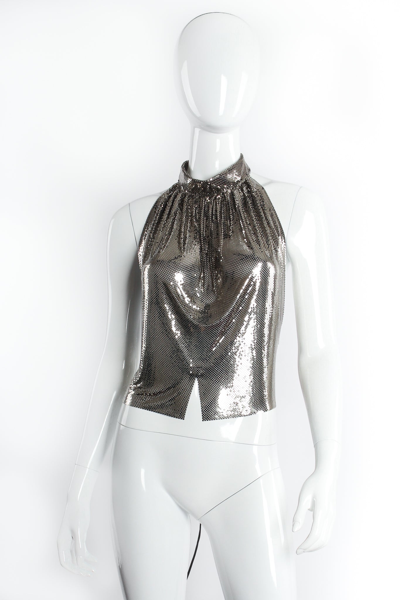 Vintage Anthony Ferrara High Mock Neck Metal Mesh Halter on mannequin front at Recess Los Angeles