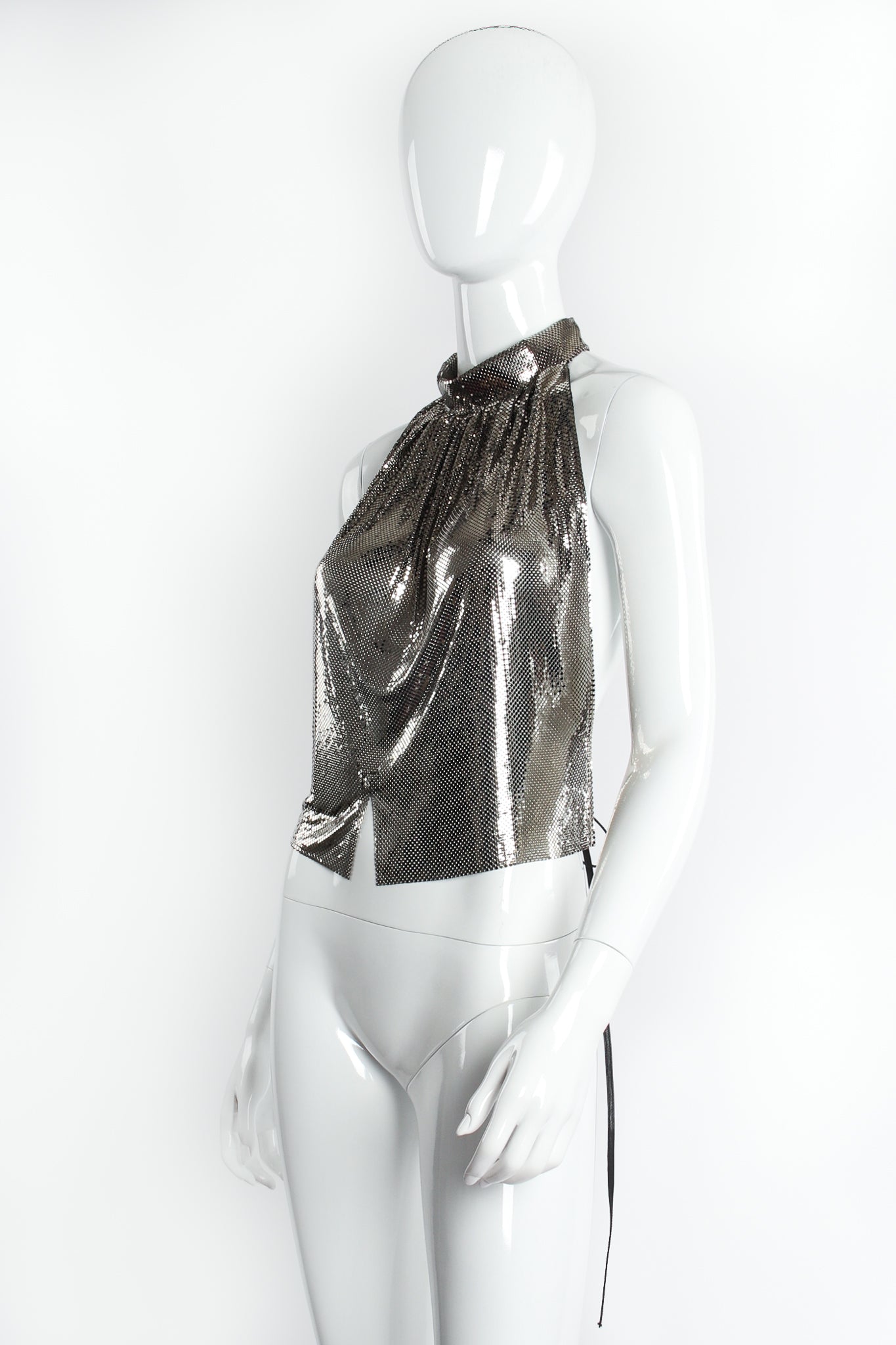 Vintage Anthony Ferrara High Mock Neck Metal Mesh Halter on mannequin angle at Recess Los Angeles