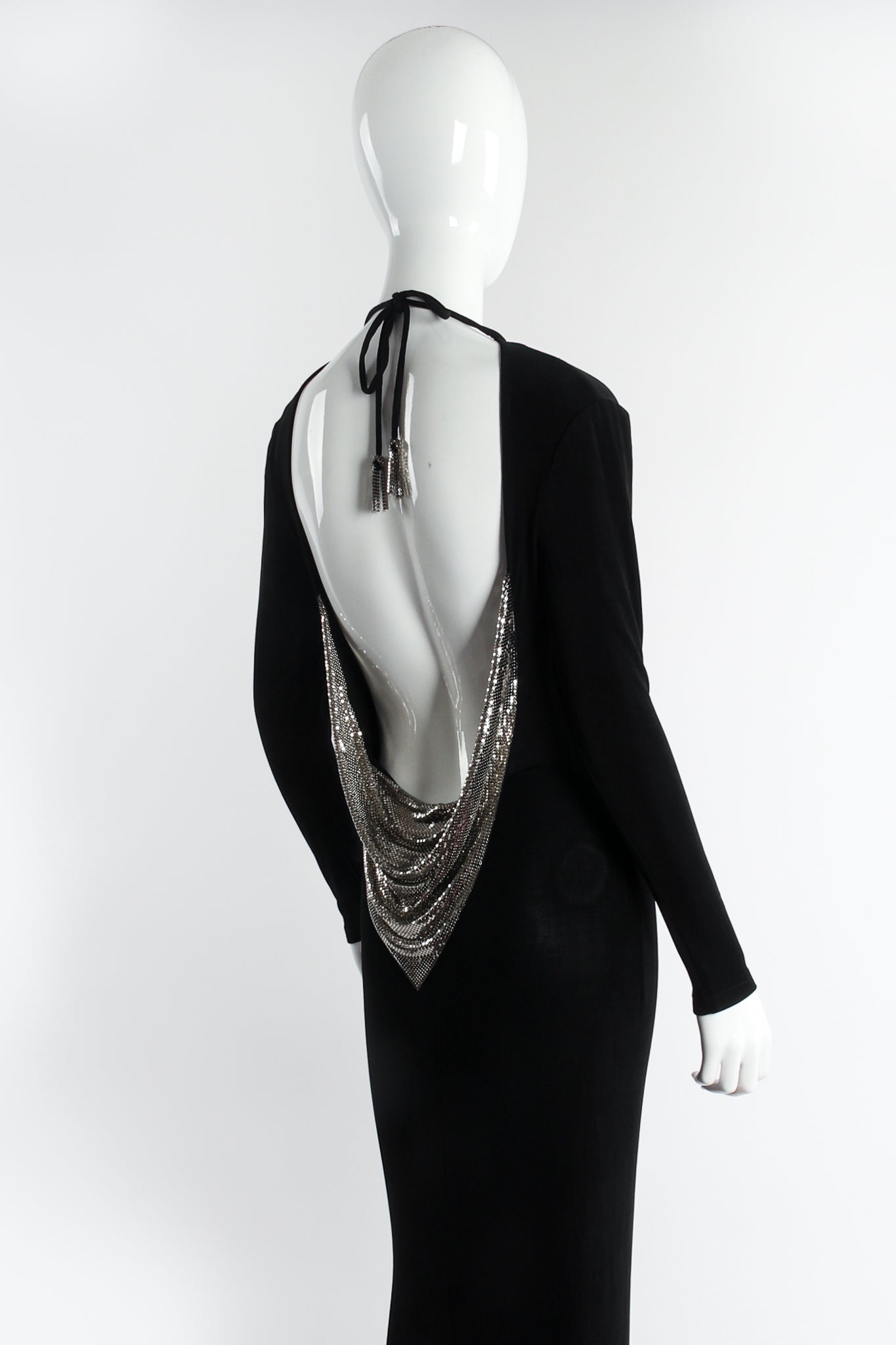 Vintage Anthony Ferrara Metal Mesh Cowl Back Jersey Gown on mannequin back crop at Recess LA