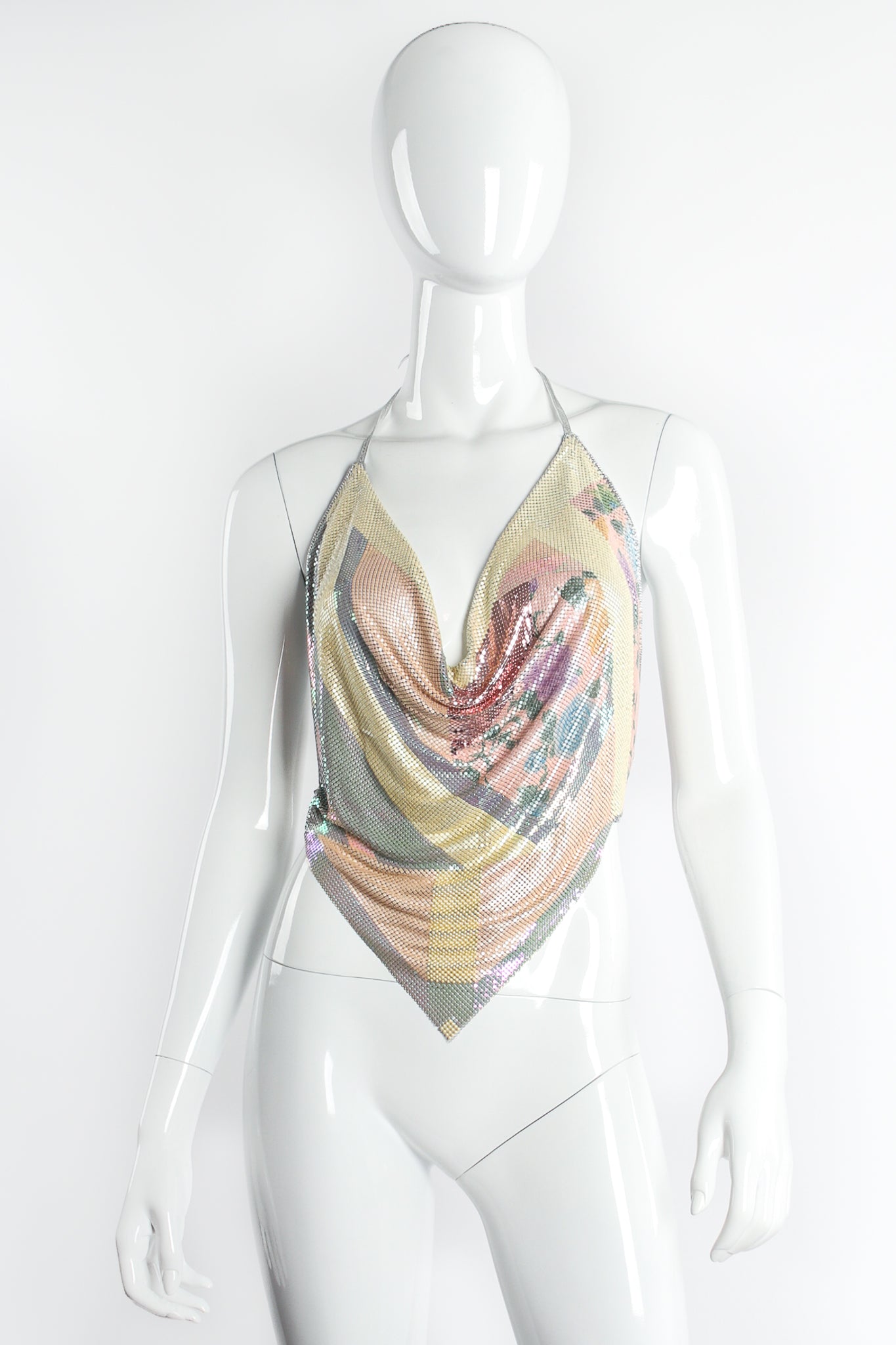 Vintage Anthony Ferrara Iridescent Floral Pointed Metal Mesh Halter on mannequin front at Recess LA