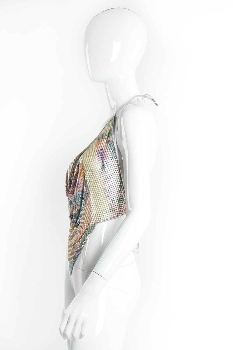 Vintage Anthony Ferrara Iridescent Floral Pointed Metal Mesh Halter on mannequin side at Recess LA