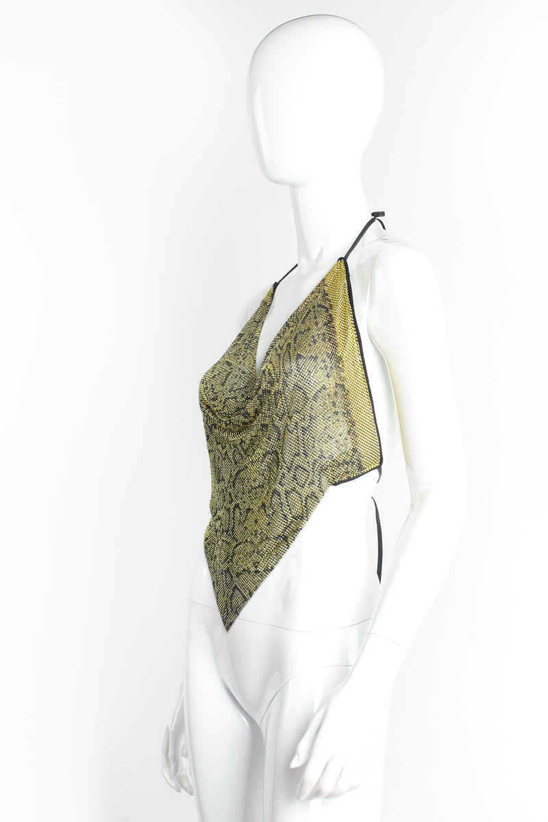 Vintage Anthony Ferrara Snake Print Metal Mesh Halter Top on Mannequin Angle at Recess Los Angeles