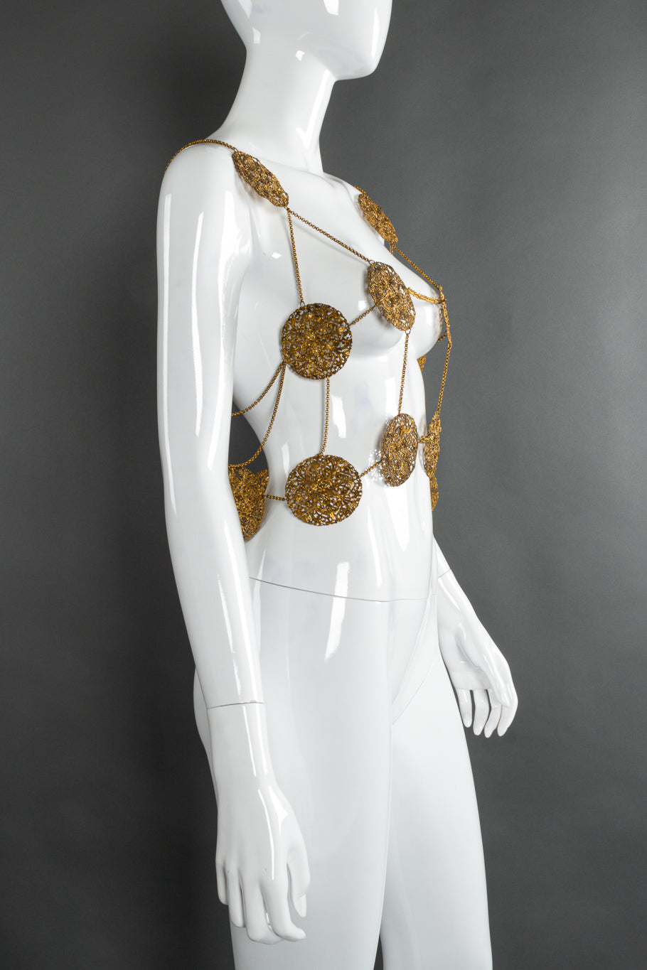 Vintage filigree medallion draped body harness mannequin side @recessla