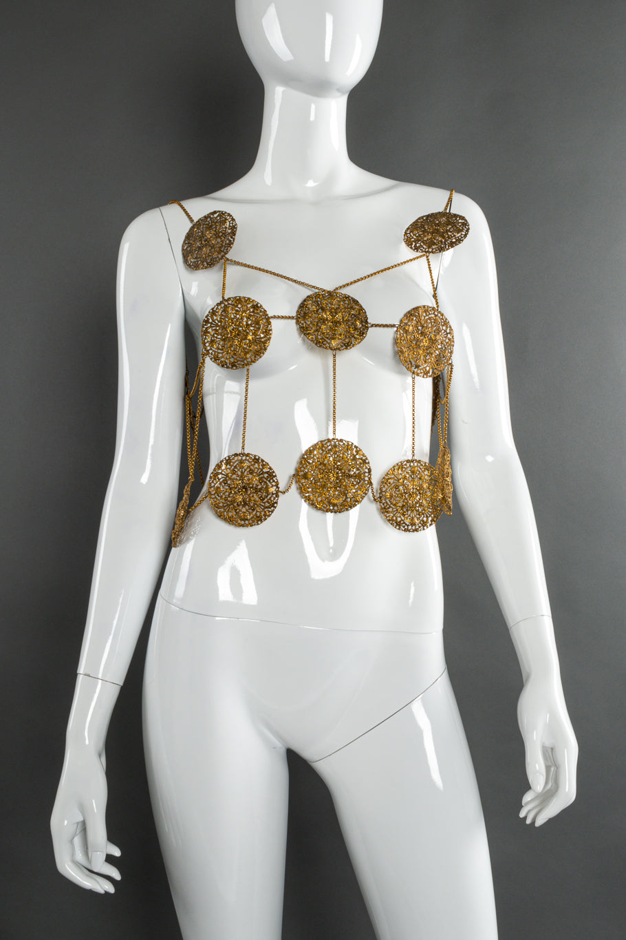 Vintage filigree medallion draped body harness mannequin front @recessla