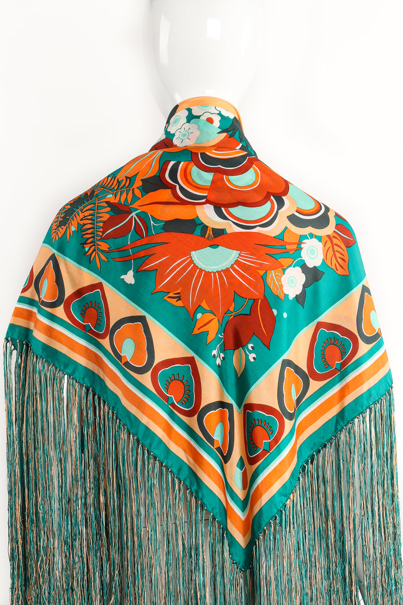 Vintage Francois Guerin Tropical Floral Print Silk Fringe Scarf Shawl on Mannequin Back at Recess