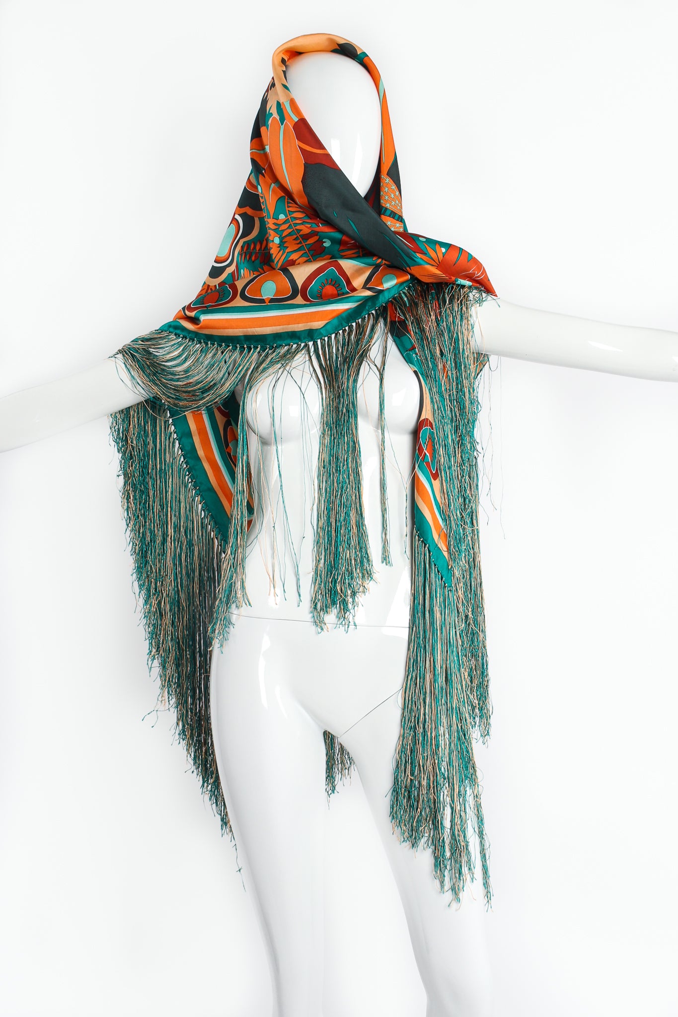 Vintage Francois Guerin Tropical Floral Print Silk Fringe Scarf Shawl on Mannequin Front at Recess