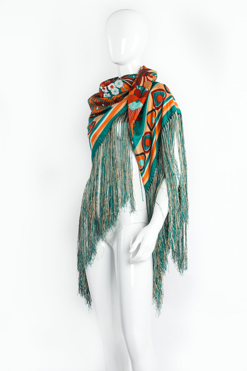 Vintage Francois Guerin Tropical Floral Print Silk Fringe Scarf Shawl on Mannequin Front at Recess